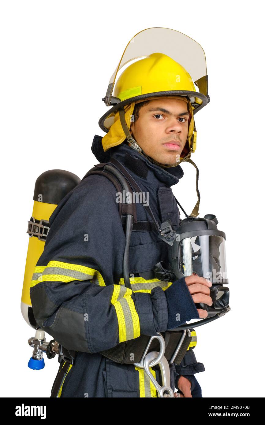 Fireman with respirator and air breathing apparatus Stock Photo Alamy