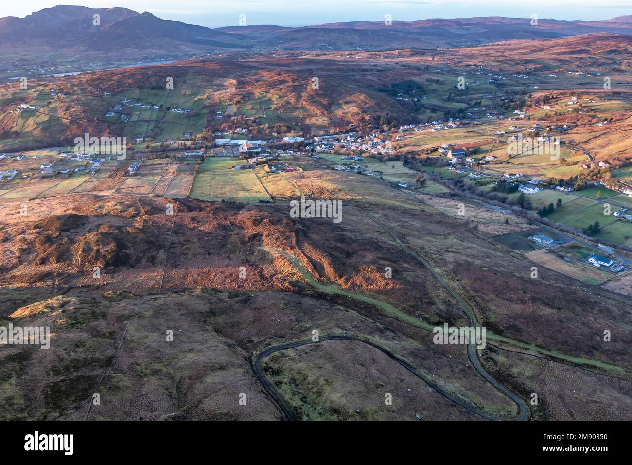 Aerial view of Kilcar village in county Donegal on the west coast of Ireland. Stock Photo