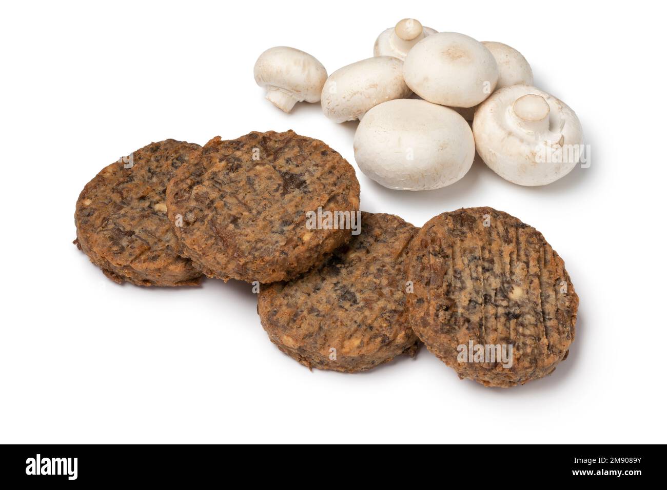 Fresh baked champignon burgers and mushrooms close up isolated on white background Stock Photo