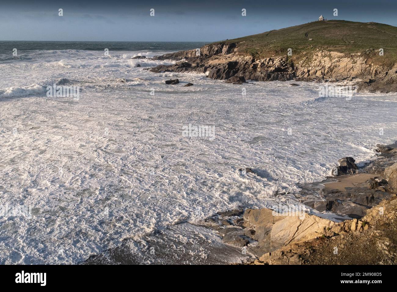 UK weather. Rough sea at Little Fistral Towan Head on the coast of Newquay in Cornwall in England in the UK. Stock Photo