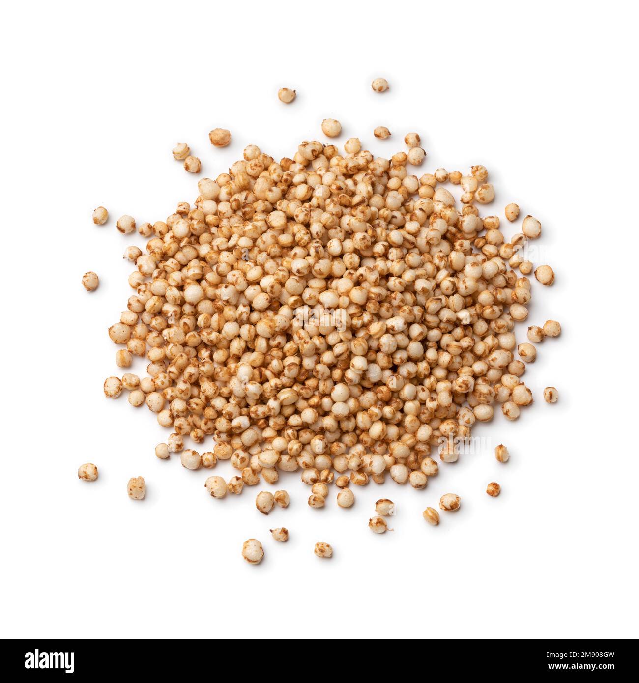 Heap of healthy puffed quinoa close up as an ingredient for breakfast isolated on white background Stock Photo