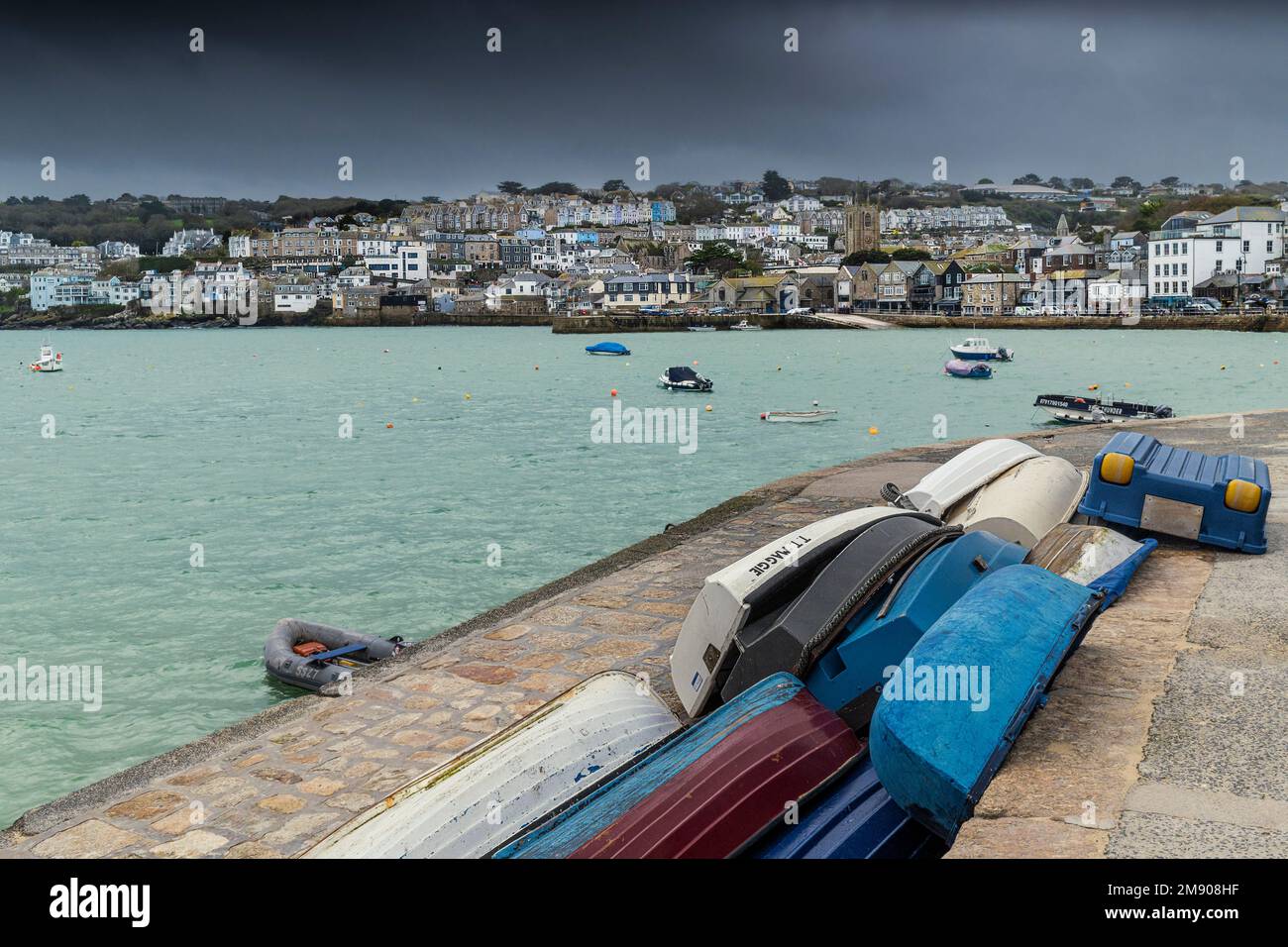 UK weather.; A rainy chilly miserable day in the historic seaside town of St Ives in Cornwall in England in the UK. Stock Photo