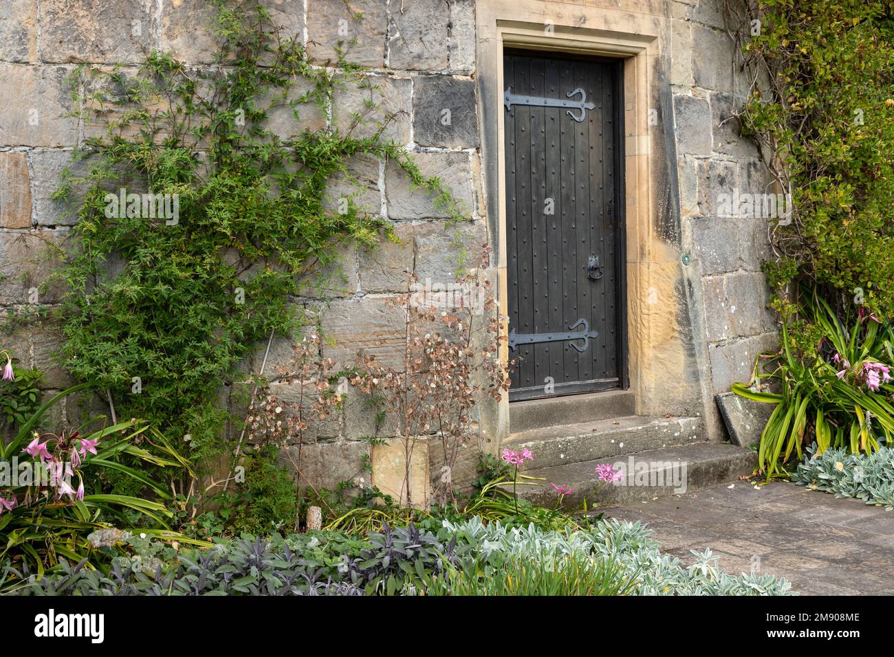 Wooden door in an old stone wall Stock Photo