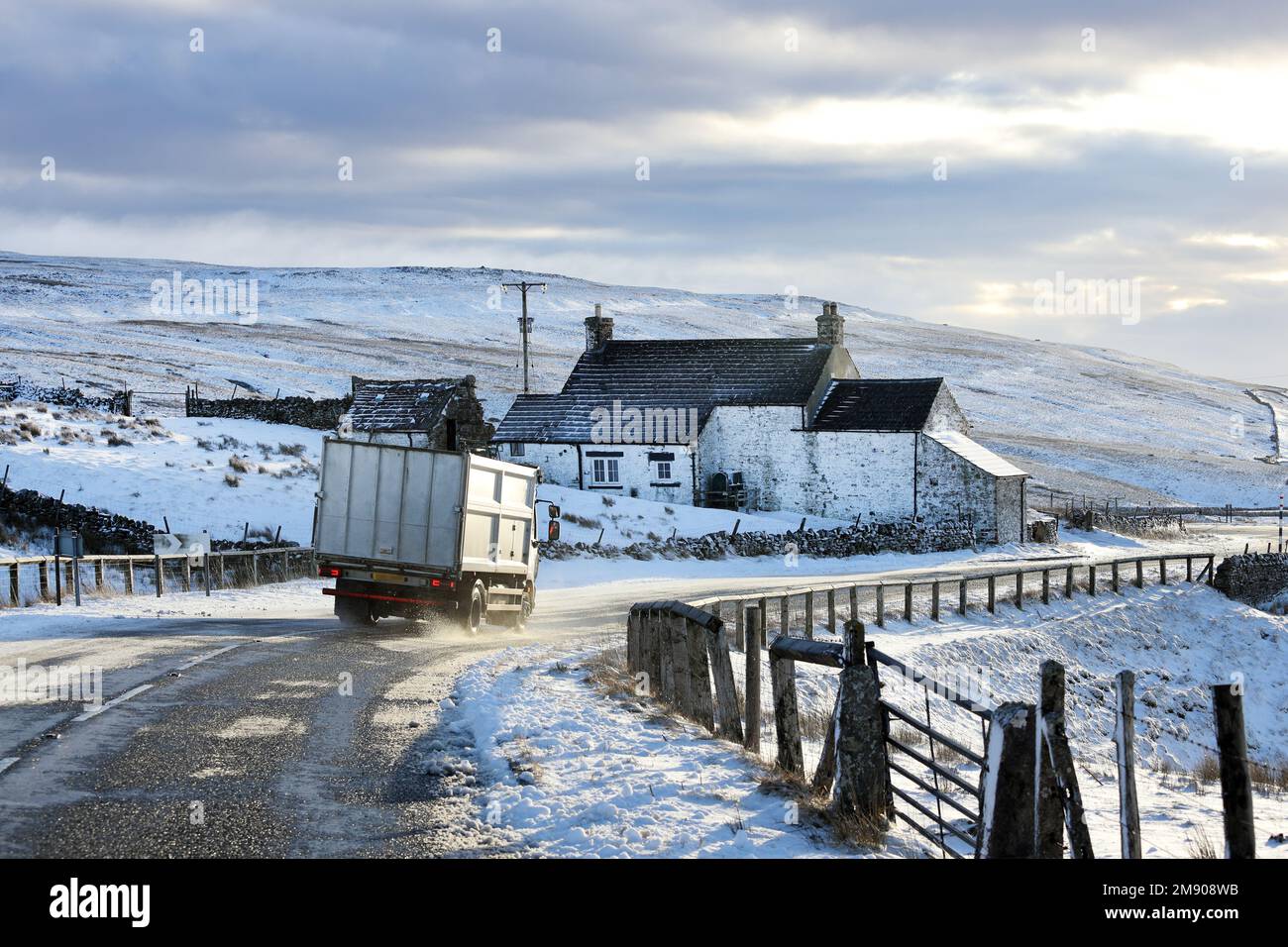 Teesdale, County Durham, UK. 16th January 2023. UK Weather. With a yellow weather warning in force further snow and ice are affecting parts of Teesdale, County Durham, Northeast England today. The forecast is for a brighter afternoon, but remaining cold. Credit: David Forster/Alamy Live News Stock Photo