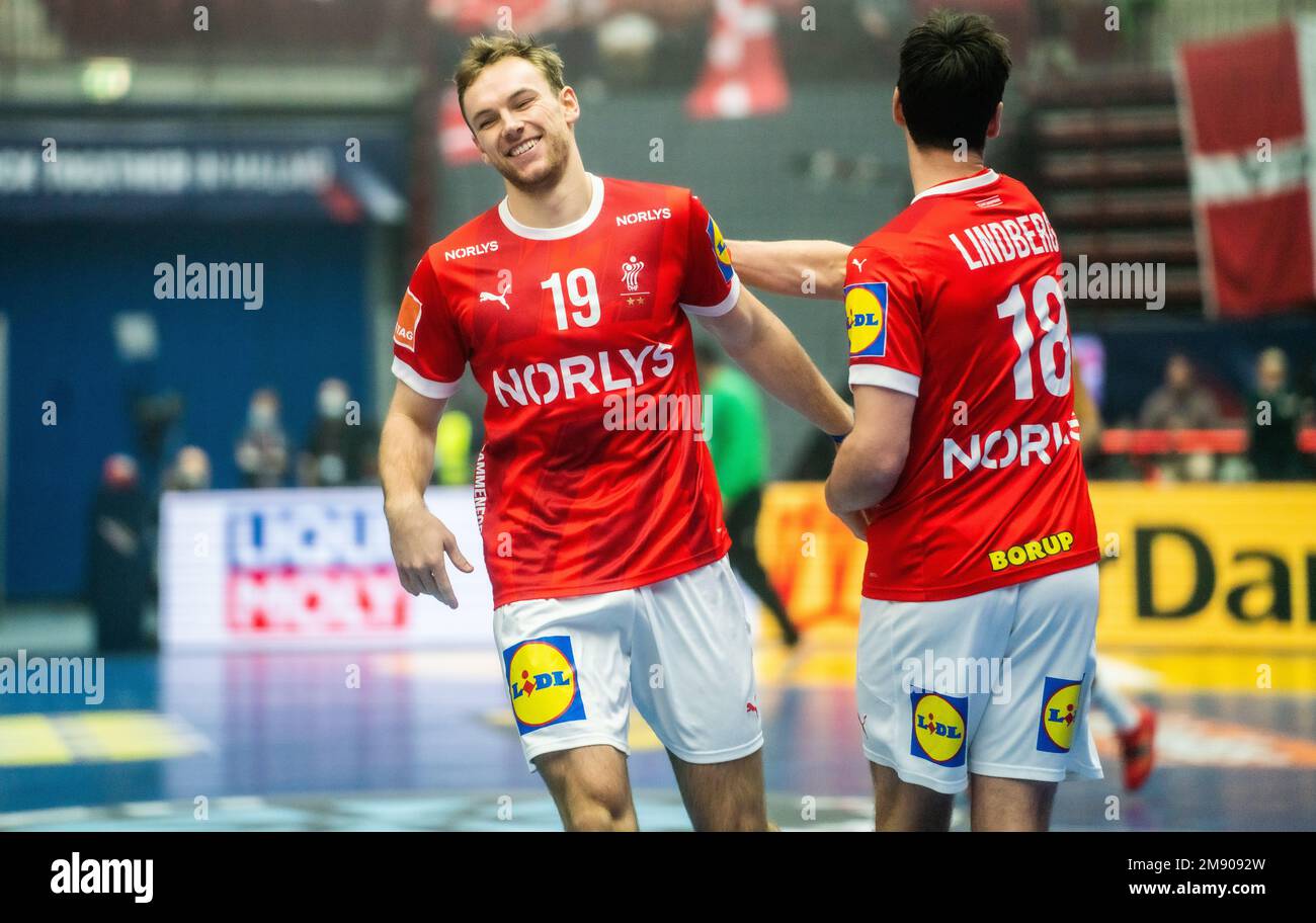 Malmo, Sweden. 15th Jan, 2023. Mathias Gidsel (19) and Hans Lindberg