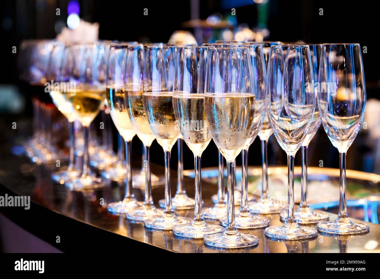 Champagne Flute Glass and wine glass on the bar counter ready to serve