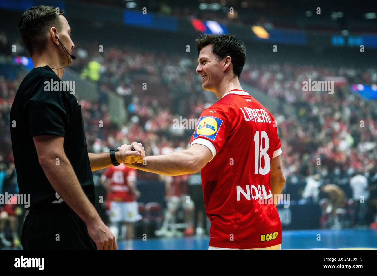 Malmo, Sweden. 15th Jan, 2023. Hans Lindberg (18) of Denmark seen