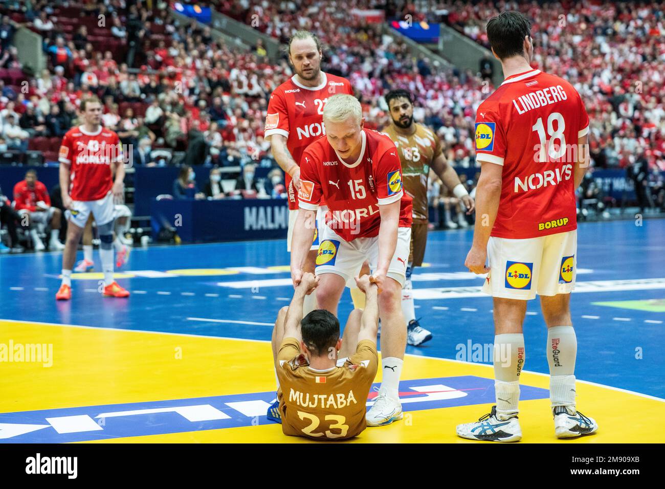 Malmo, Sweden. 15th Jan, 2023. Magnus Saugstrup (15) of Denmark gives a