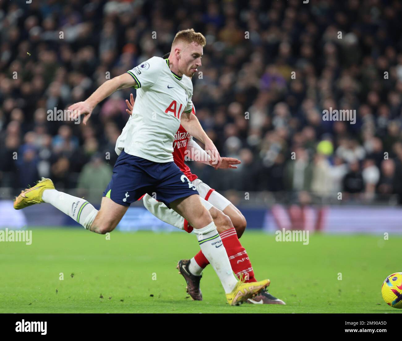 L-R Tottenham Hotspur's Dejan Kulusevski (on loan from Juventus) and William Saliba of Arsenal during the English Premier League soccer match between Stock Photo