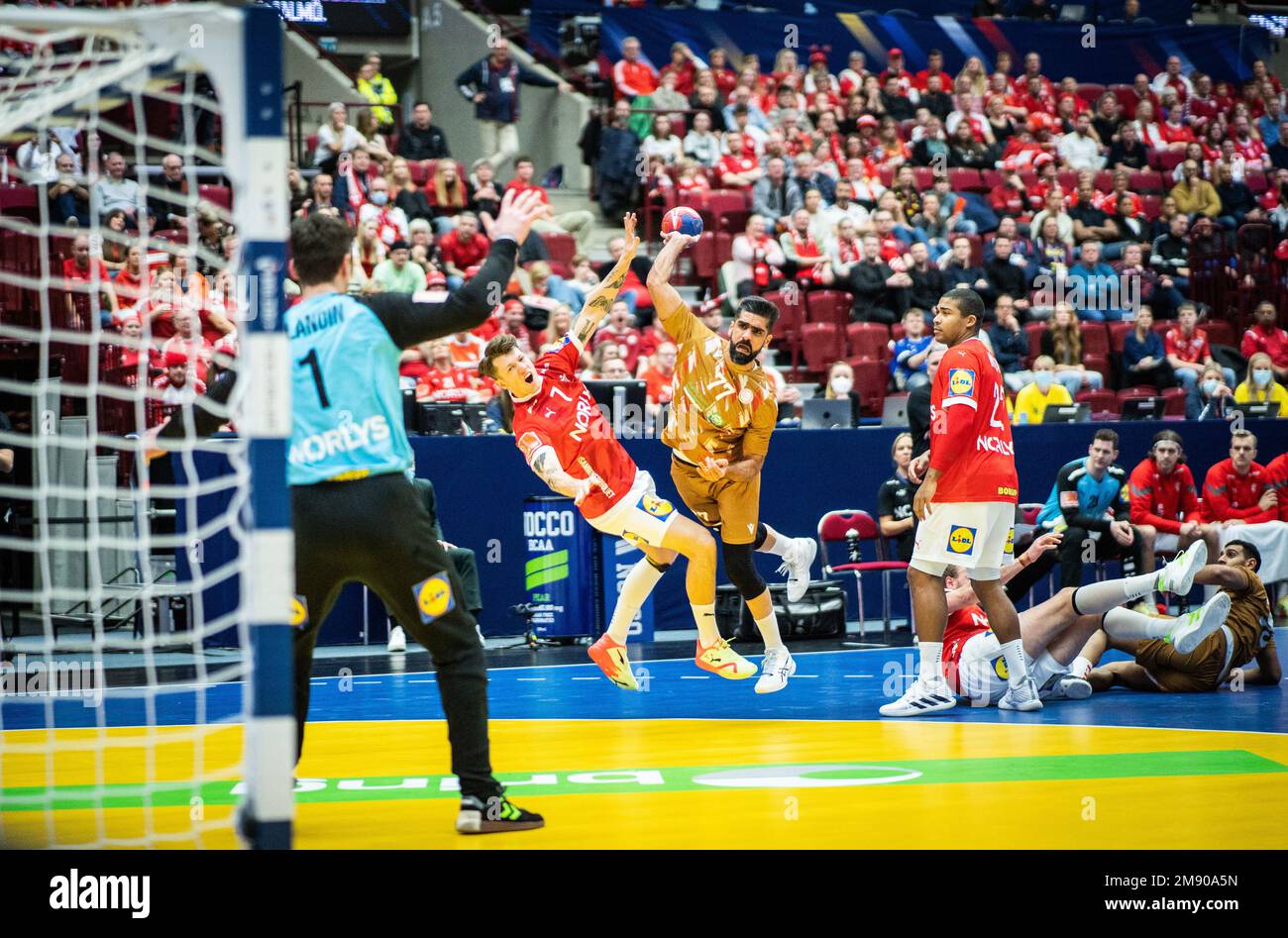 Malmo, Sweden. 15th Jan, 2023. Ali Merza Ali (77) of Bahrain and Emil