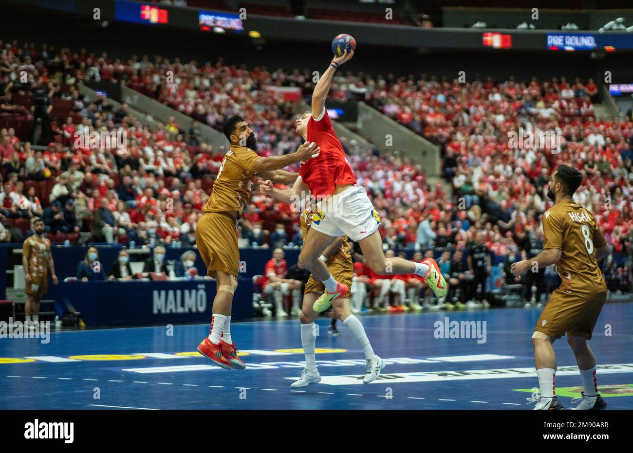 Malmo, Sweden. 15th, January 2023. Mathias Gidsel (19) of Denmark and