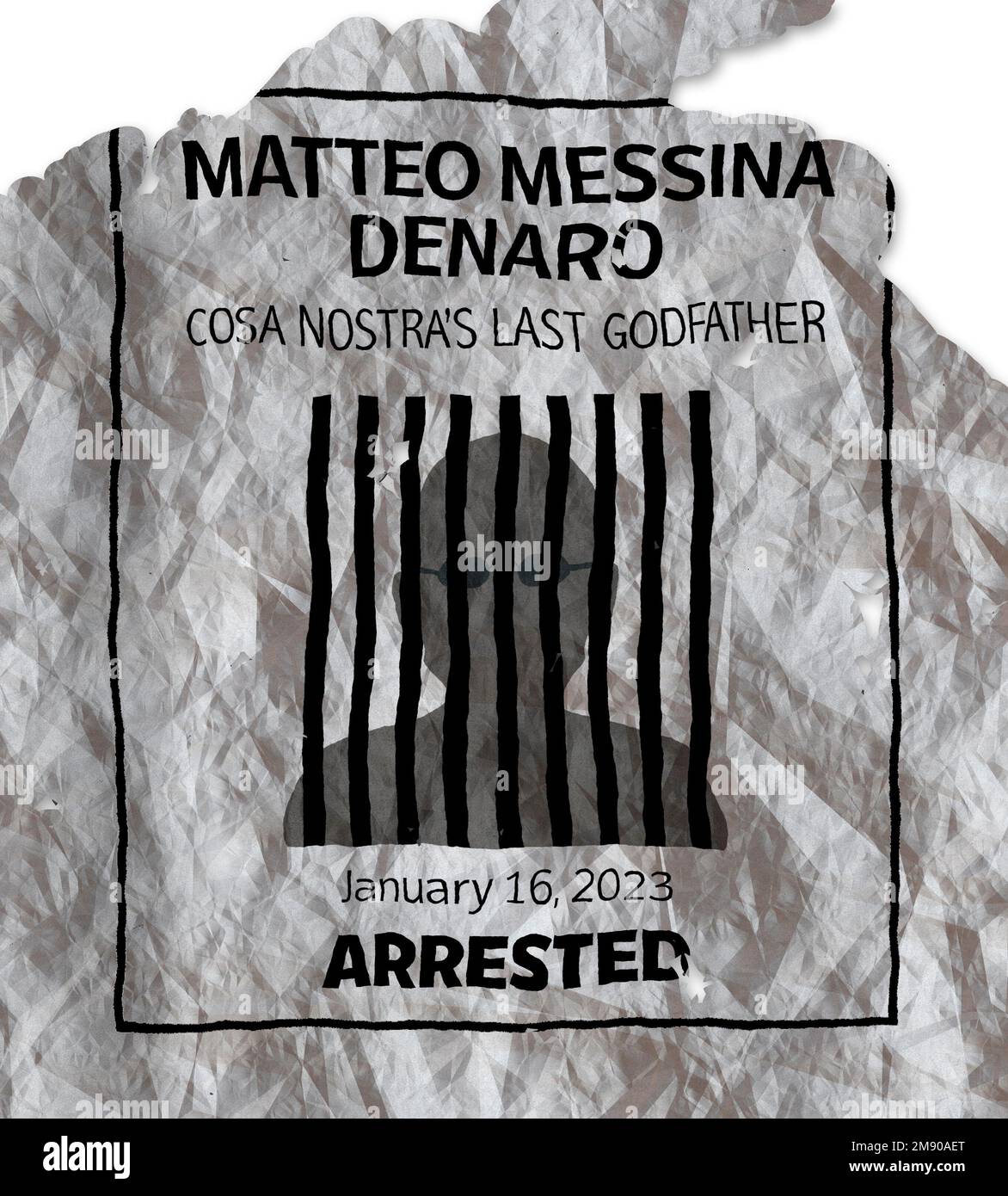 Arrest of super-fugitive Matteo Messina Denaro, mafia, mob, godfather of Cosa Nostra. Boss of bosses. The arrest took place on January 16, 2023 Stock Photo