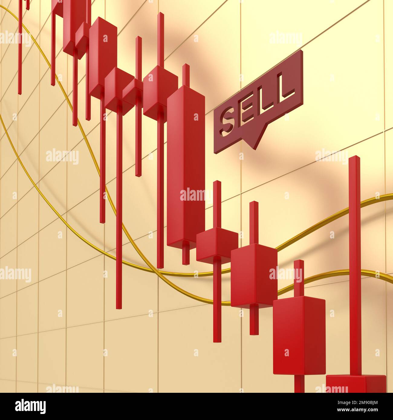 Price chart in the bear market. Downtrend with red candles. Exchange trading. 3D render. Stock Photo