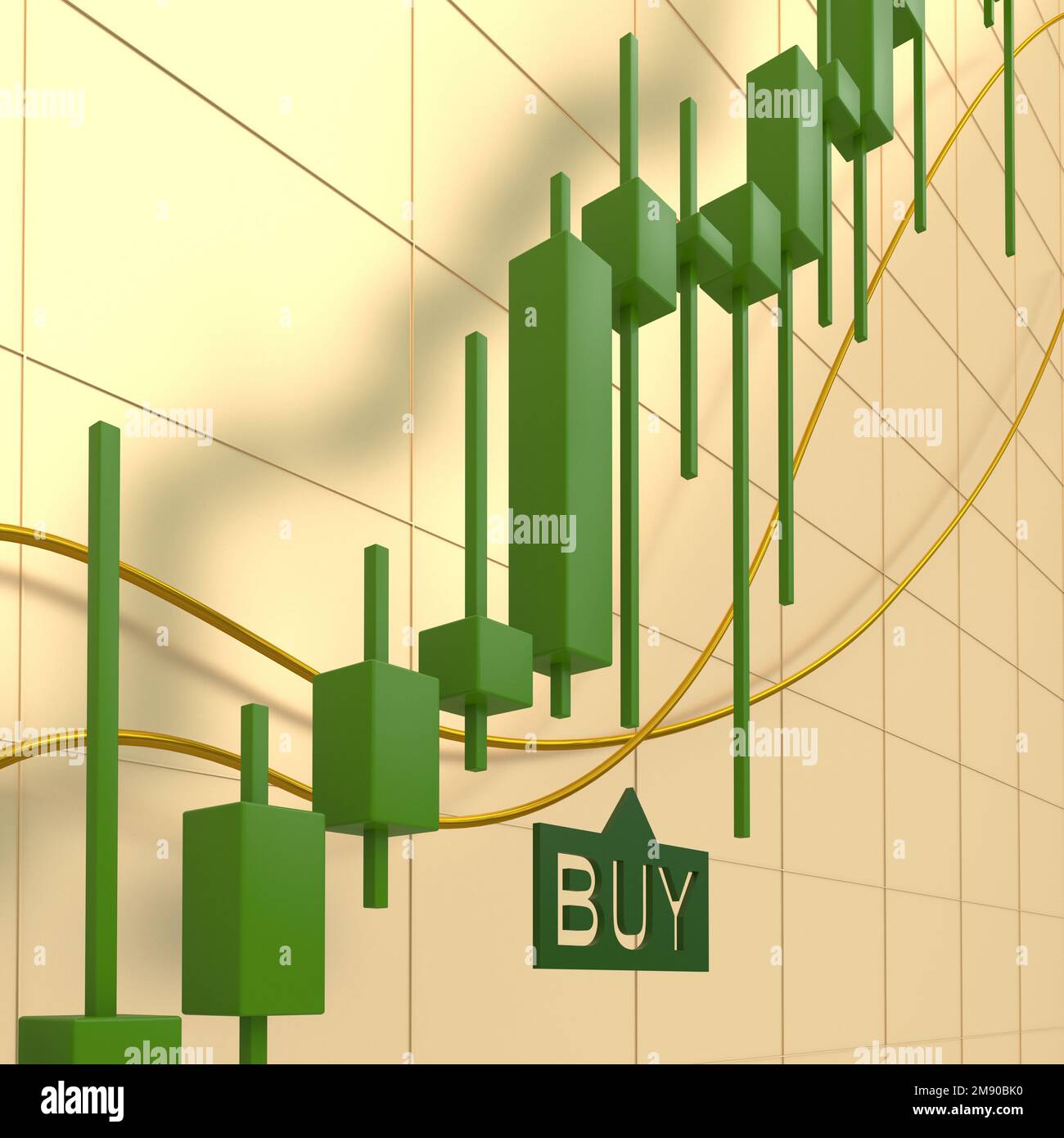 Price chart in the bull market. Uptrend with green candles. Exchange trading. 3D render. Stock Photo
