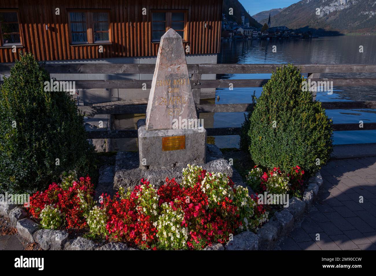 17th october,2022,Hallstatt,Austria.View of a memorial for the emperor Franz Joseph 1 at the salt mine village of Hallstatt, Austria. Stock Photo