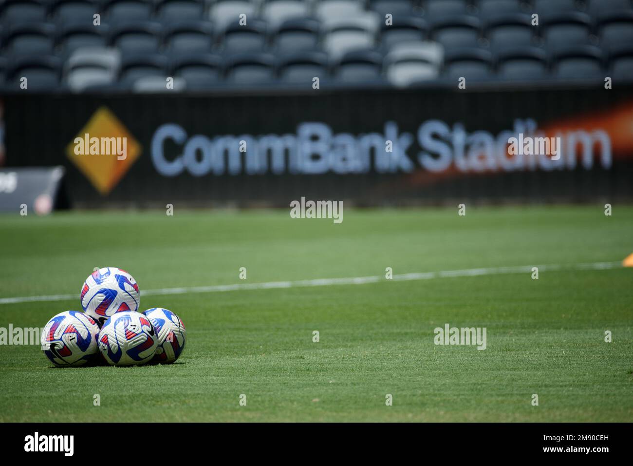 Sydney, Australia. January 15, 2023 Soccer balls grouped together on