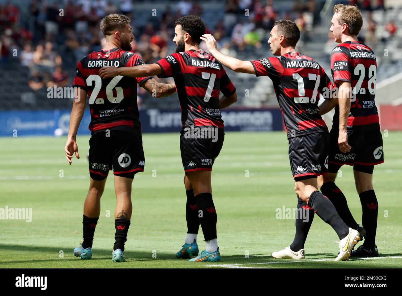 Sydney, Australia. January 15, 2023 Western Sydney Wanderers players  celebrates a goal during the match between