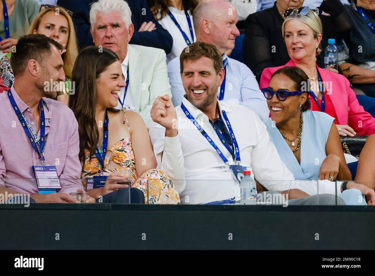 Melbourne, Australia, 16th Jan, 2023. Dirk Nowitzki and his wife Jessica Carlsson watching a match at the Australian Open Tennis Grand Slam in Melbourne Park. Photo credit: Frank Molter/Alamy Live news Stock Photo