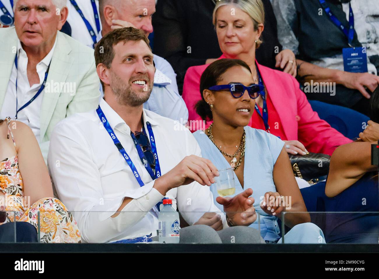 Melbourne, Australia, 16th Jan, 2023. Dirk Nowitzki and his wife Jessica Carlsson watching a match at the Australian Open Tennis Grand Slam in Melbourne Park. Photo credit: Frank Molter/Alamy Live news Stock Photo