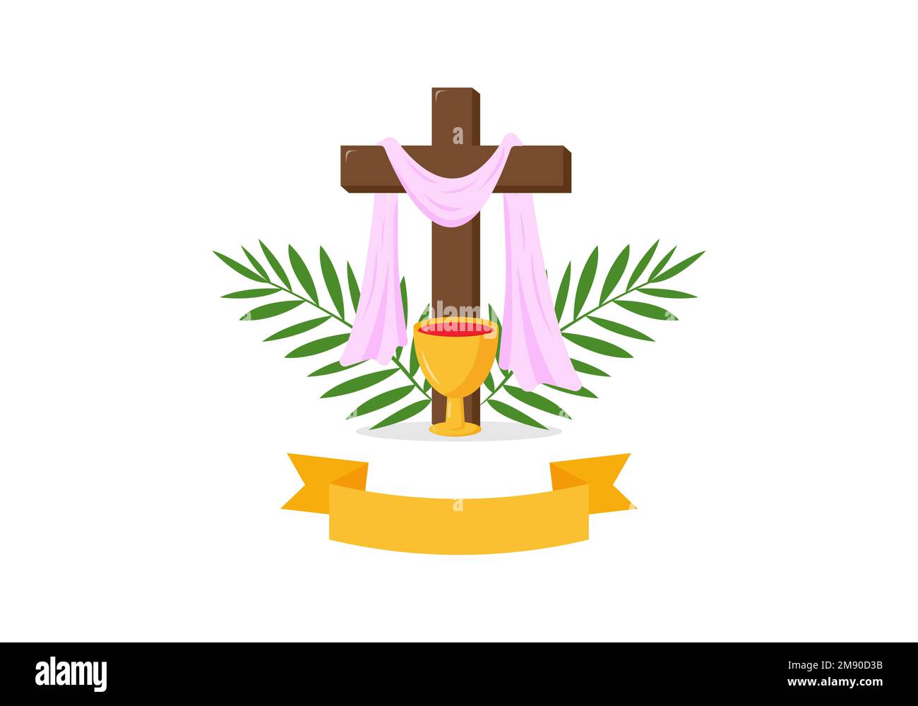Christian greeting card or banner of the Holy Week before Easter. Wine, palm branches, cross of Jesus Christ, yellow ribbon. Vector illustration Stock Vector