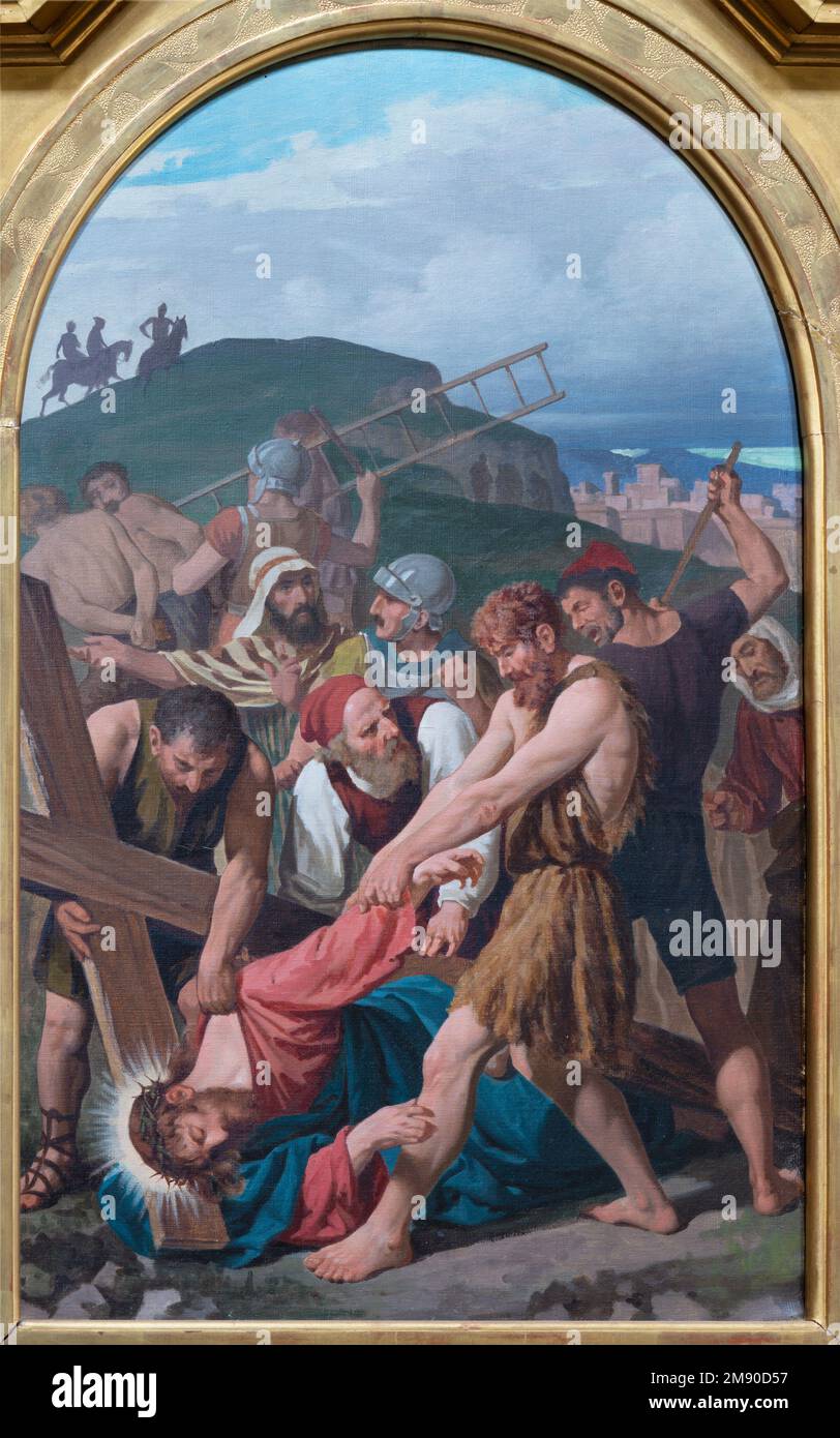 VARALLO, ITALY - JULY 17, 2022: The painting Fall of Jesus under the cross in the church Collegiata di San Gaudenzio by Enrico Reffo Stock Photo