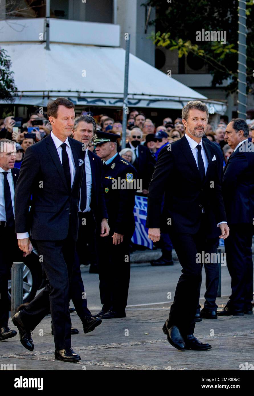 Athens, Greece. 16th Jan, 2023. Prince Joachim and Crown Prince Frederik of  Denmark arrive at the Metropolitan Cathedral of Athens, on January 16,  2023, to attend the funeral service of HM King