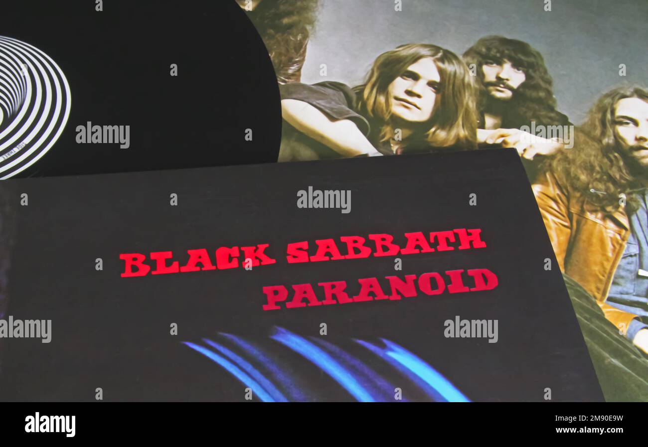 Viersen, Germany - November 9. 2022: Closeup of isolated vinyl record album Paranoid of metal rock band Black Sabbath Stock Photo