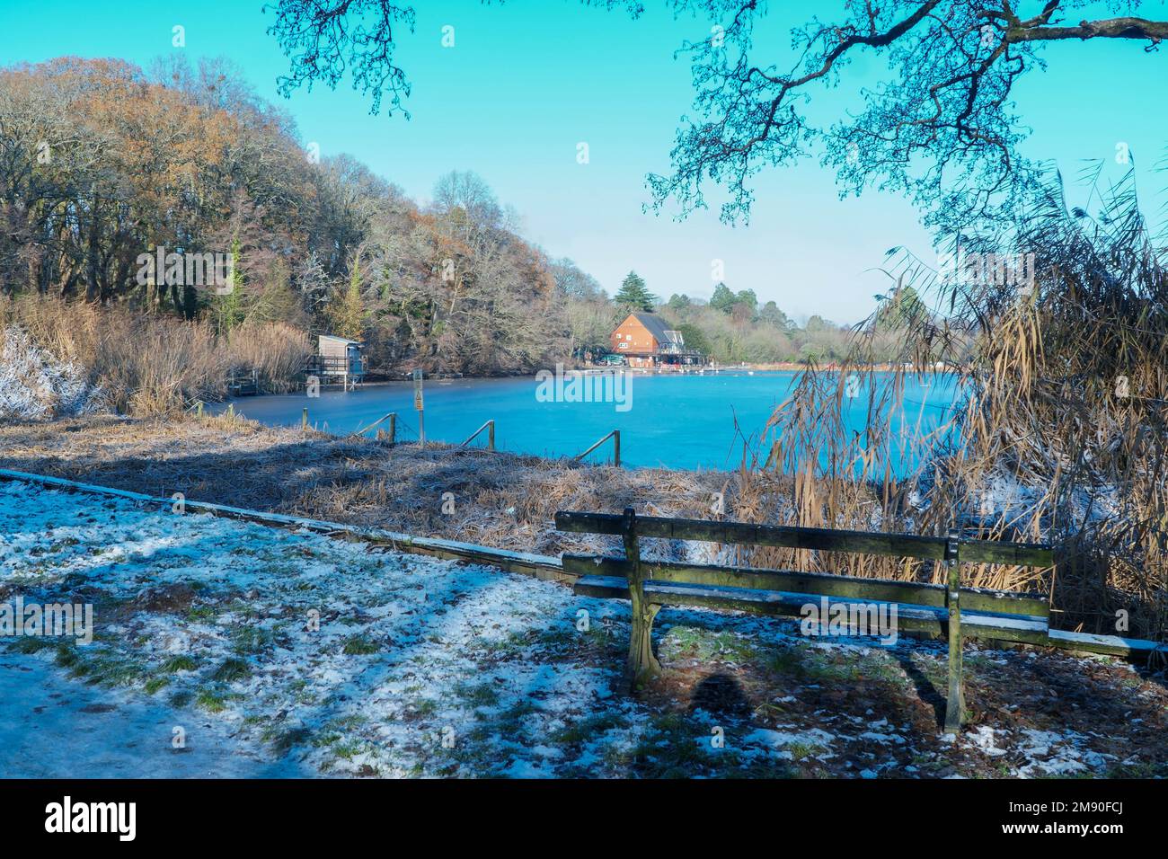 Bird hide and cafe perched at the edge of a frozen lake, Llandrindod Powys Wales UK. December 2022 Stock Photo