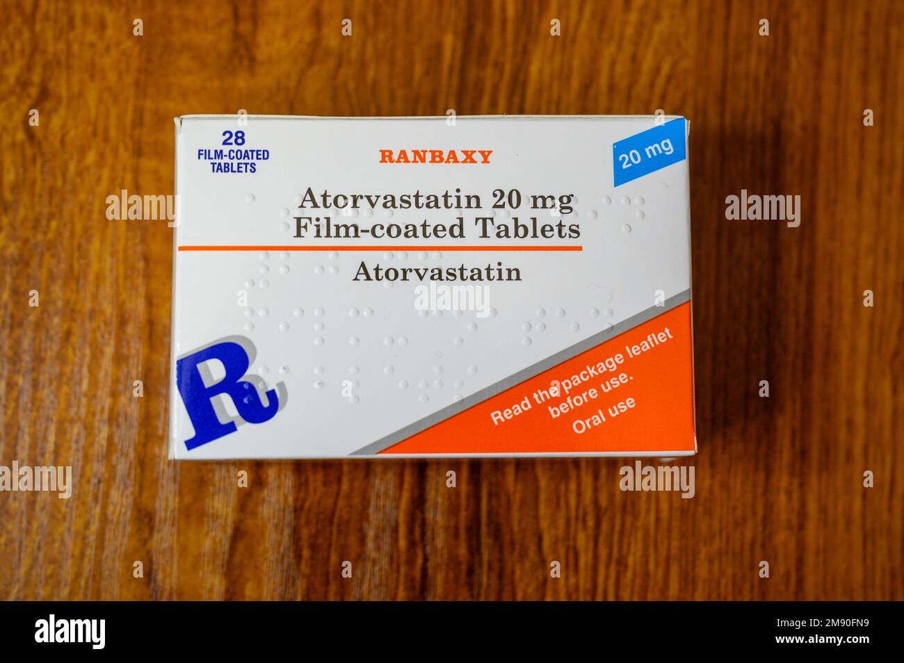 Atorvastatin 20 mg film coated tablets for the control of cholesterol levels. Stock Photo