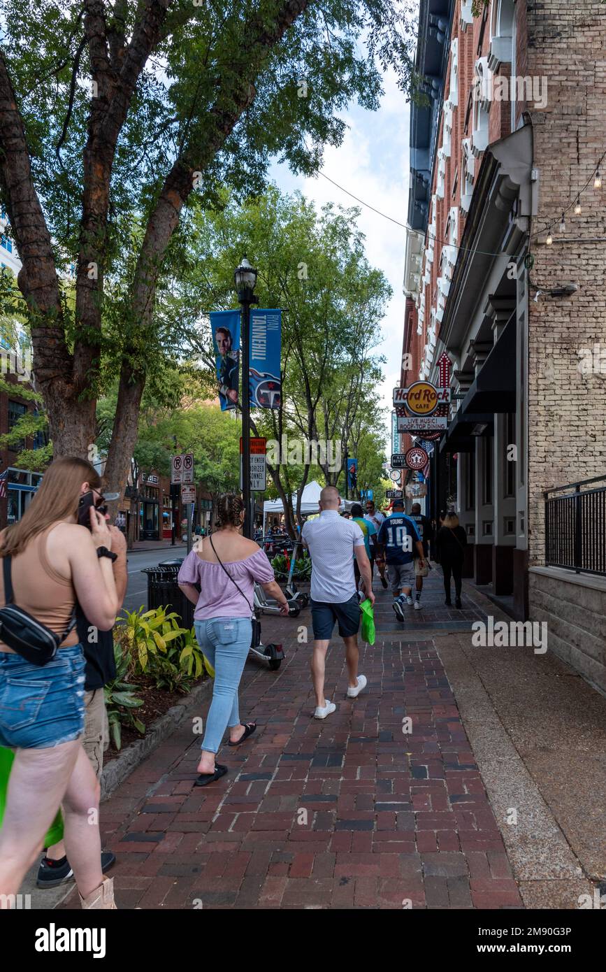 Tourists walk down a brick sidewalk lined with trees in downtown