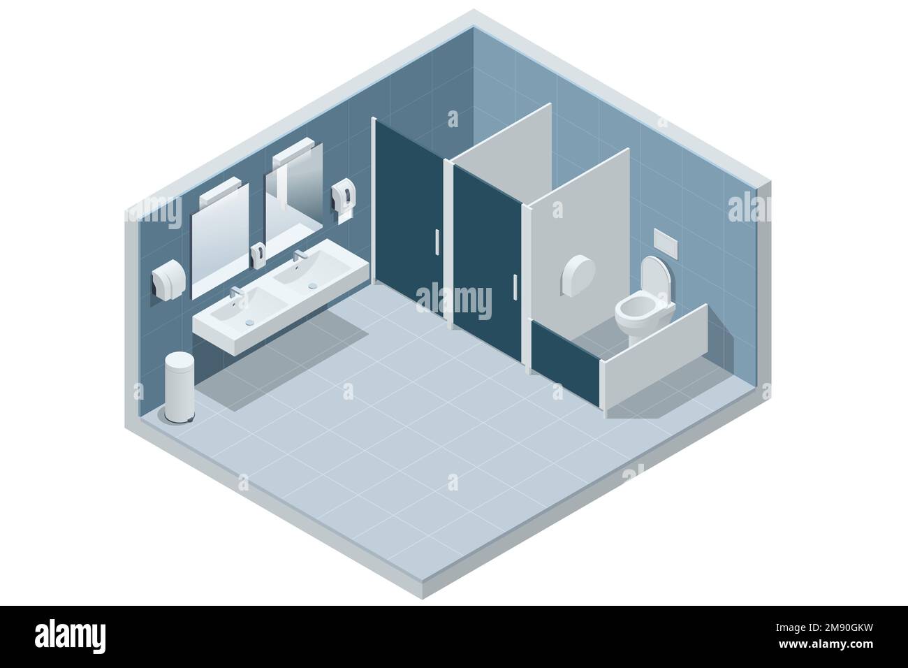 Isometric Clean Public Restroom Interior. Restroom with Cubicles and Sinks. Public toilet, restroom, lavatory water closet, WC. Stock Vector