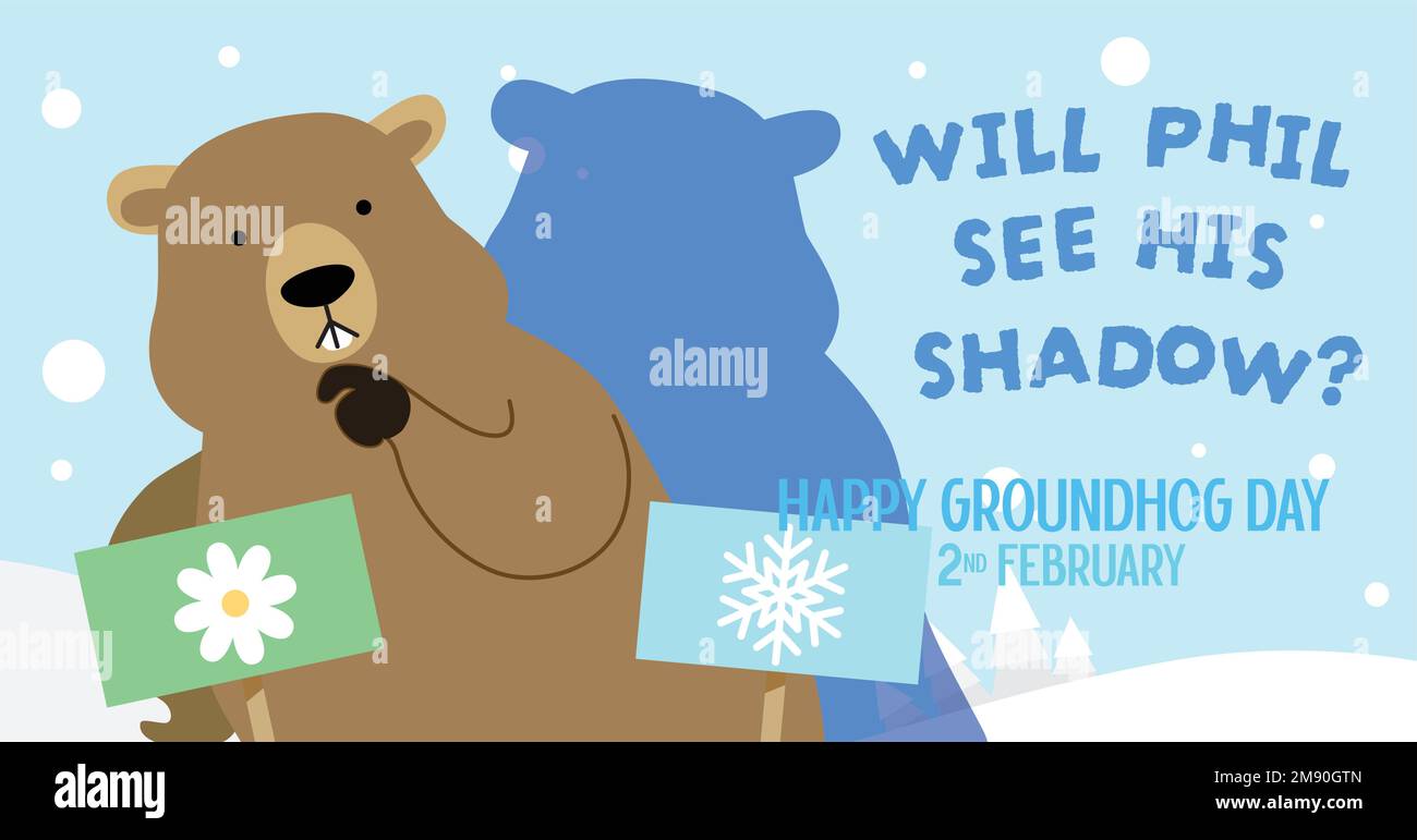 Groundhog Day  greeting card illustration with Phil's shadow. Groundhog meteorology predictions on February 2. Stock Vector