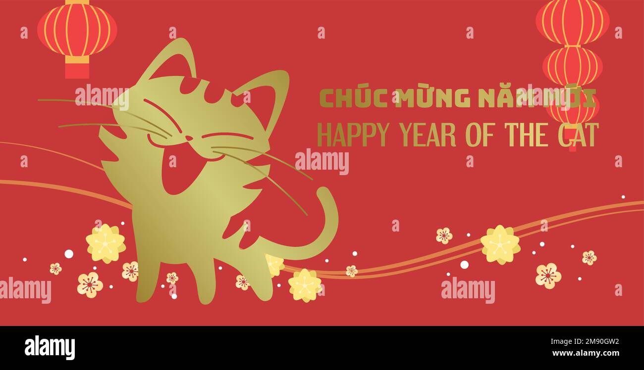 Cute cat smiling for vietnamese new year of the cat with lanterns. Vietnamese celebration of Tet, Lunar New Year 2023 in Vietnam. Tết Nguyên Đán card. Stock Vector