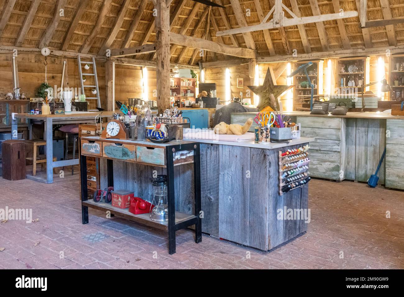 The Repair Shop BBC Series - Interior of the Barn used for filming the television series, West Sussex, England, UK Stock Photo