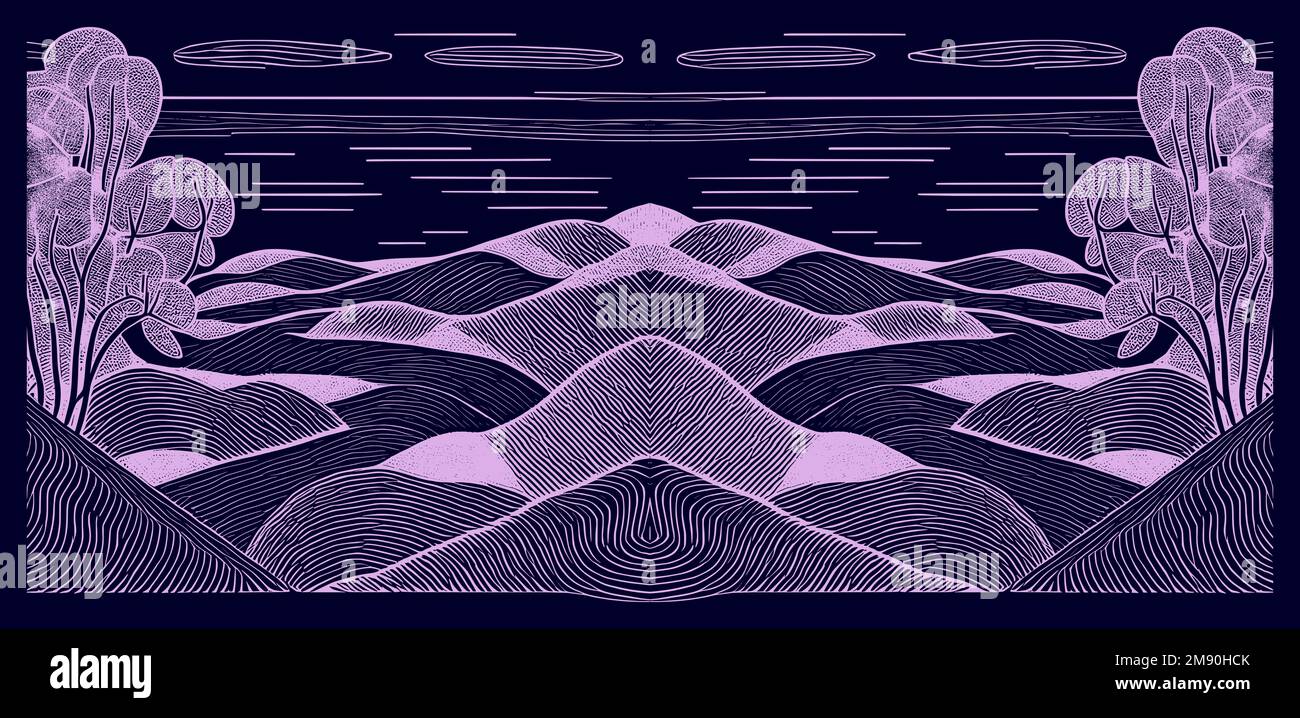 An illustration of a beautiful landscape line art against a purple ...