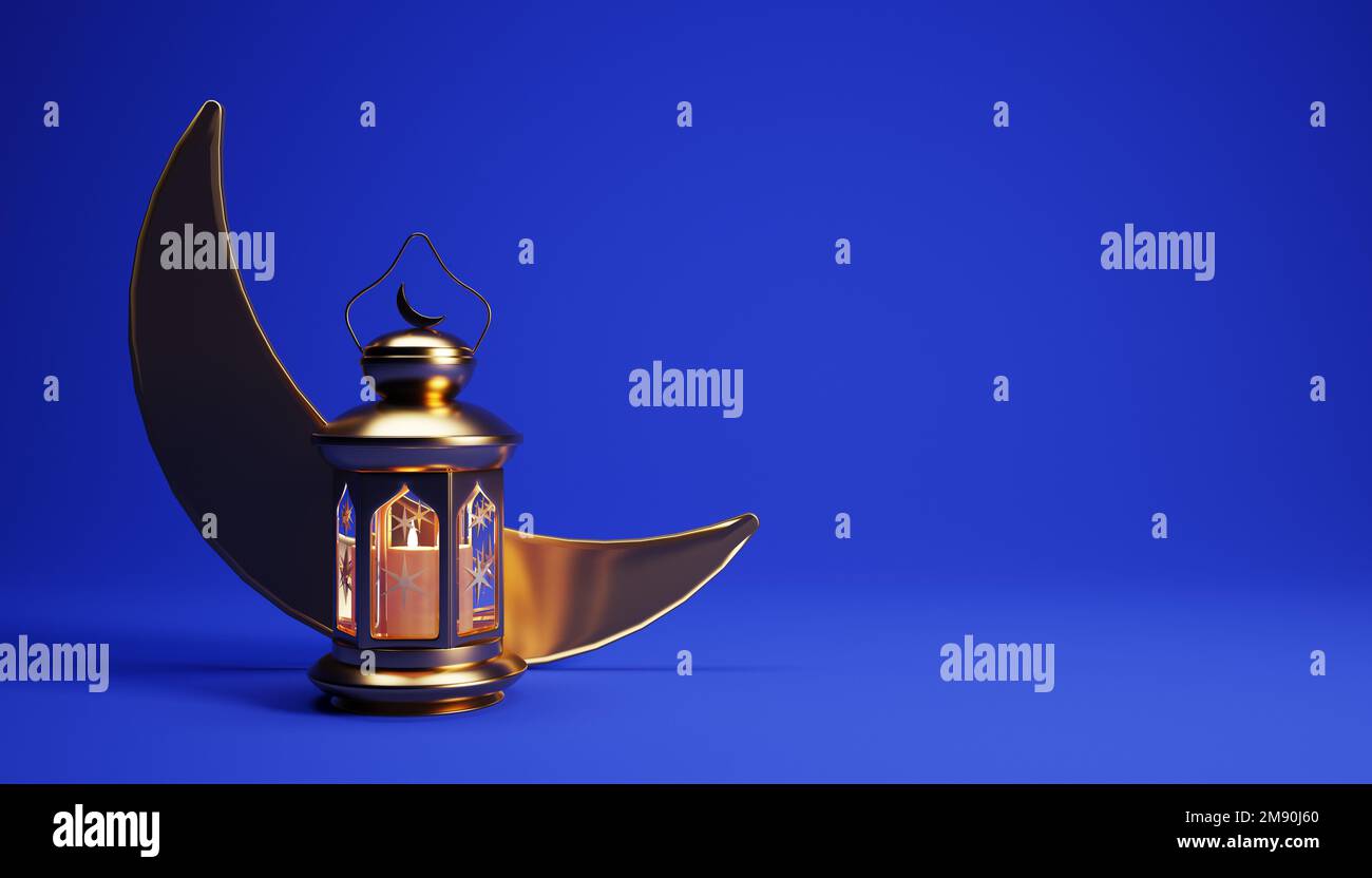 3d Ramadan background with golden lantern, and crescent moon and copy ...