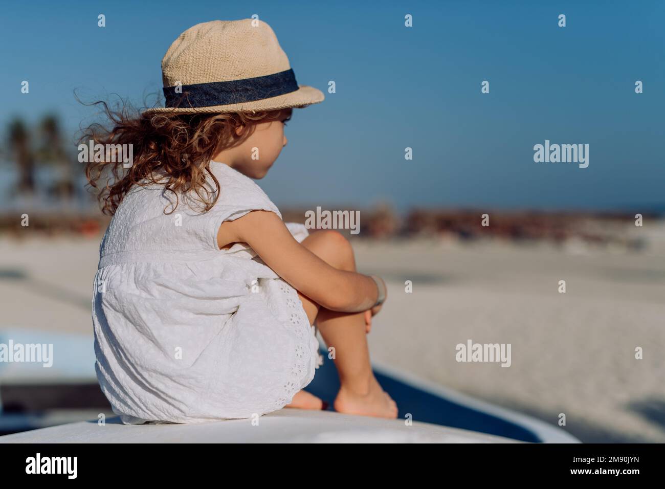 Rear view of little girl looking at the sea. Stock Photo