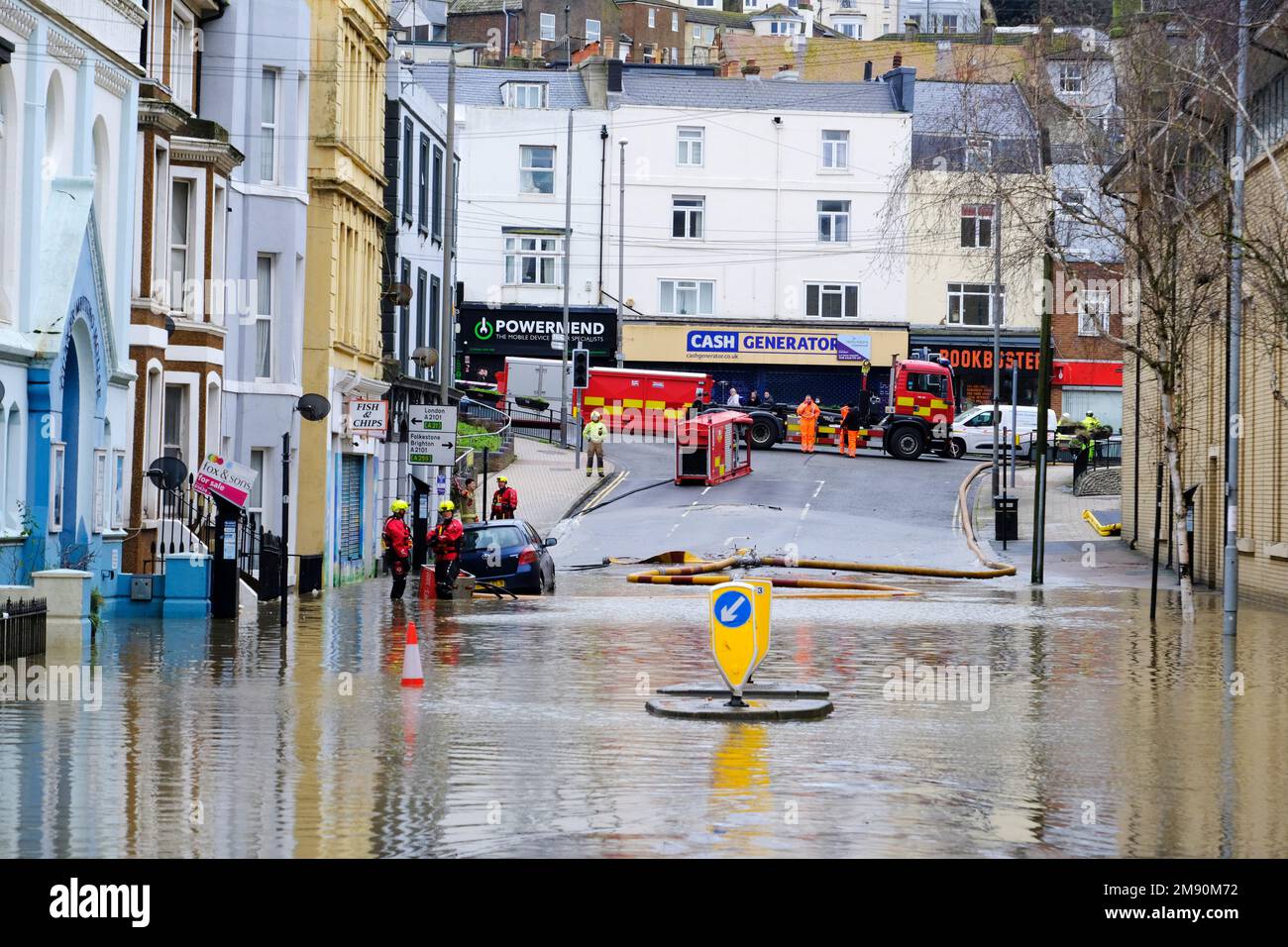 Hastings, East Sussex, 16 January 2023. Heavy rain and blocked storm drain to the sea causes major flood in Hastings Town Centre, closing Priory Meadow shopping centre and flooding homes. Carolyn Clarke/Alamy Live News Stock Photo