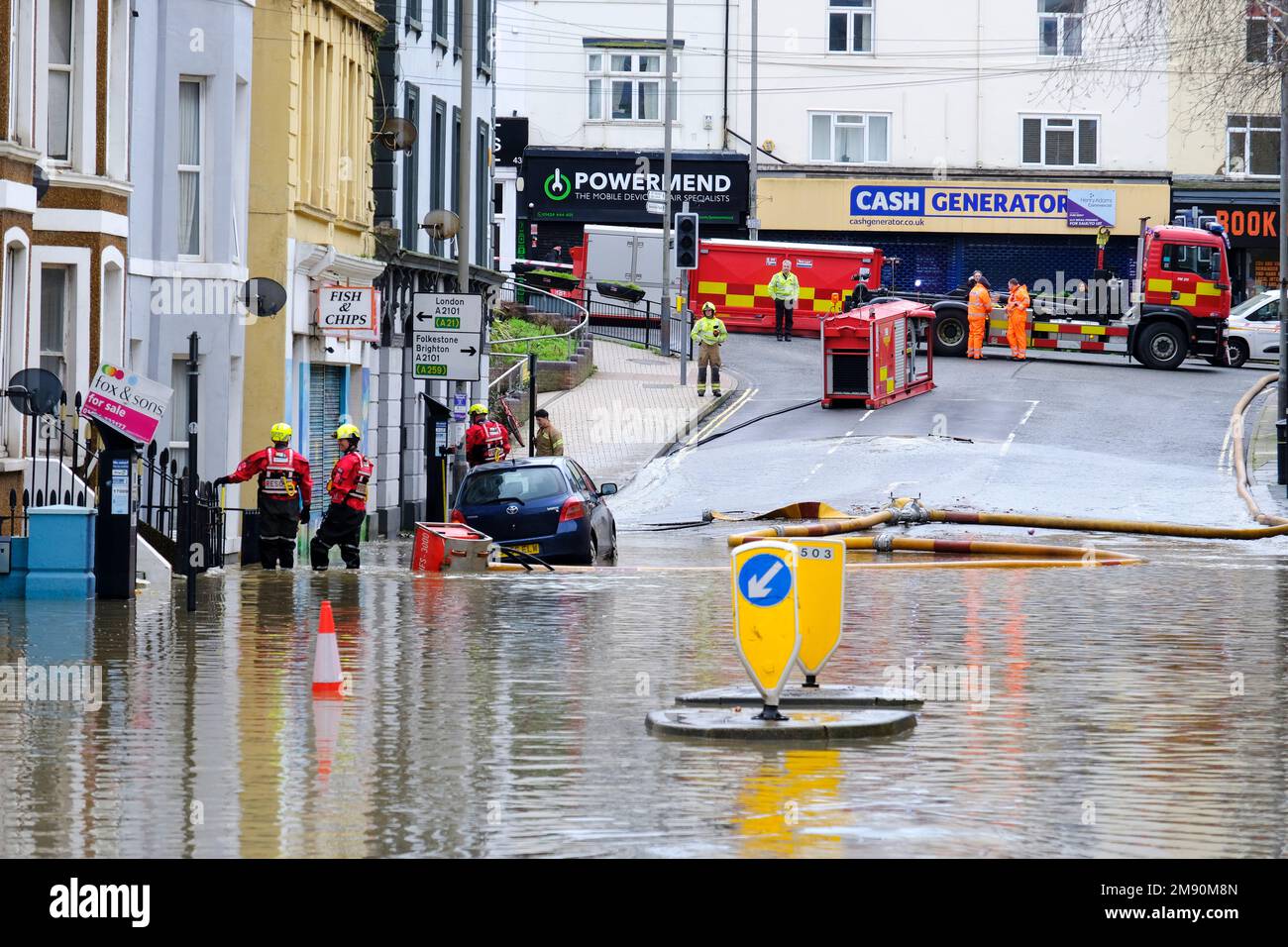 Hastings, East Sussex, 16 January 2023. Heavy rain and blocked storm drain to the sea causes major flood in Hastings Town Centre, closing Priory Meadow shopping centre and flooding homes. C.Clarke/Alamy Live News Stock Photo