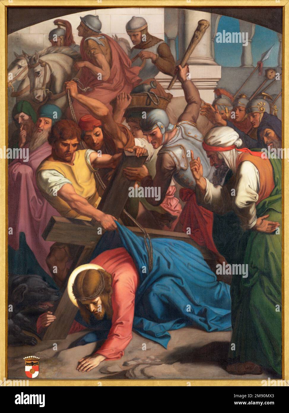 LUZERN, SWITZERLAND - JUNY 24, 2022: The painting Fall of Jesus under the cross as part of Cross way stations in the church Franziskanerkirche Stock Photo