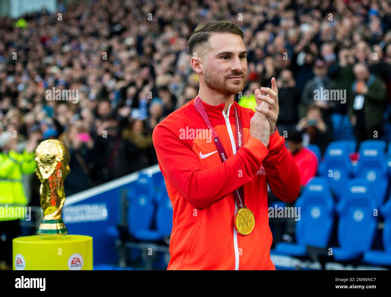 Brighton's Alexis Mac Allister with World Cup winners medal and replica