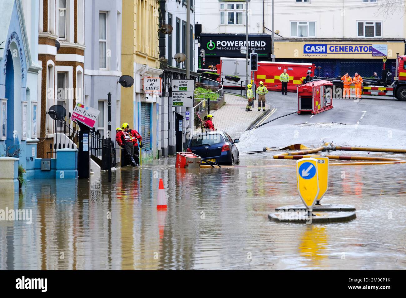 Hastings East Sussex 16 January 2023 Heavy Rain And Blocked Storm   Hastings East Sussex 16 January 2023 Heavy Rain And Blocked Storm Drain To The Sea Causes Major Flood In Hastings Town Centre Causing Disruption Closing Priory Meadow Shopping Centre And Flooding Homes Carolyn Clarkealamy Live News 2M90P1K 