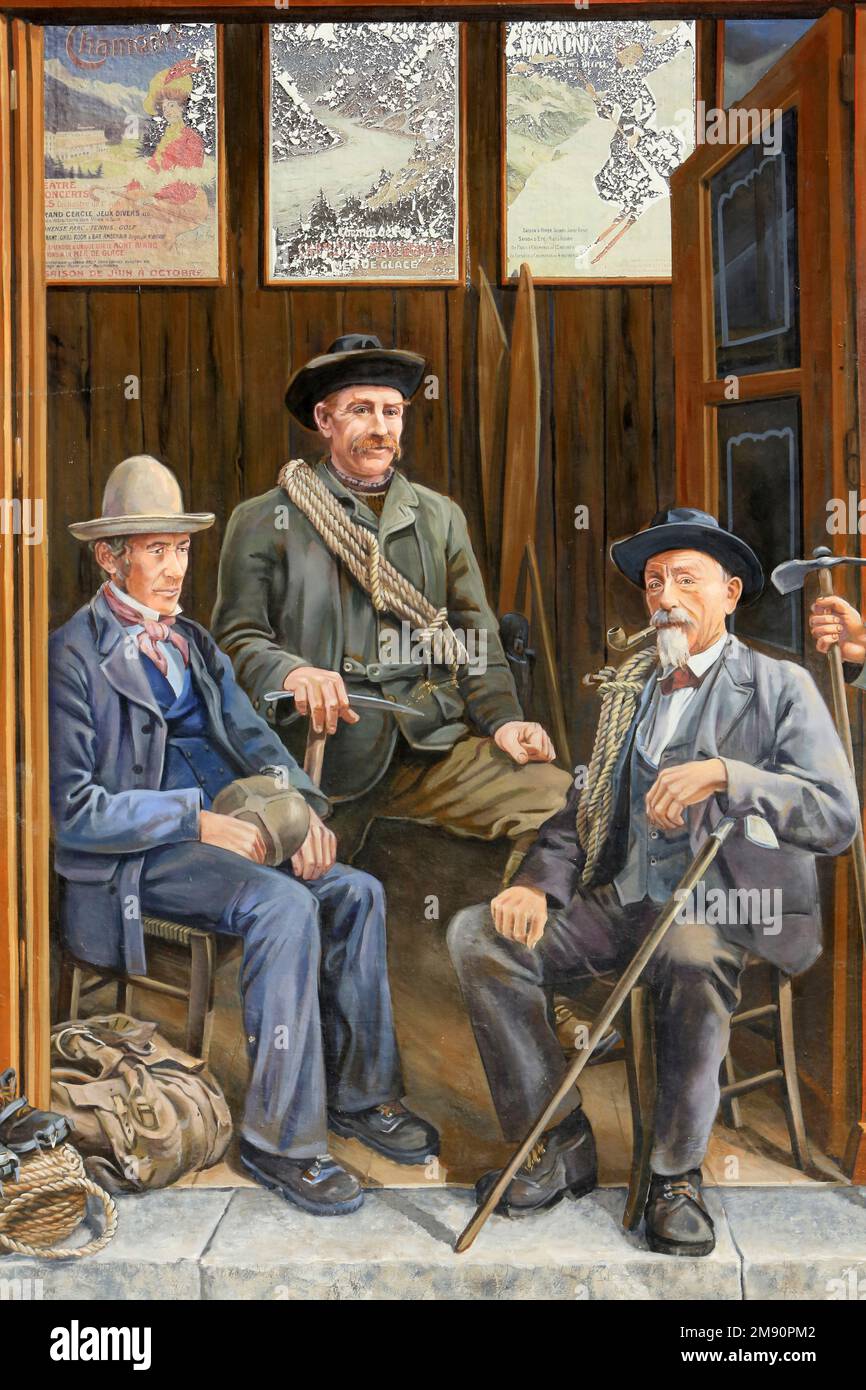 Fresco sham in 'Guides de Chamonix', produced by A-Fresco, Patrick Commecy. Rue du Docteur Paccard. Chamonix. Joseph Ravanel, Michel Payot  and Michel Stock Photo