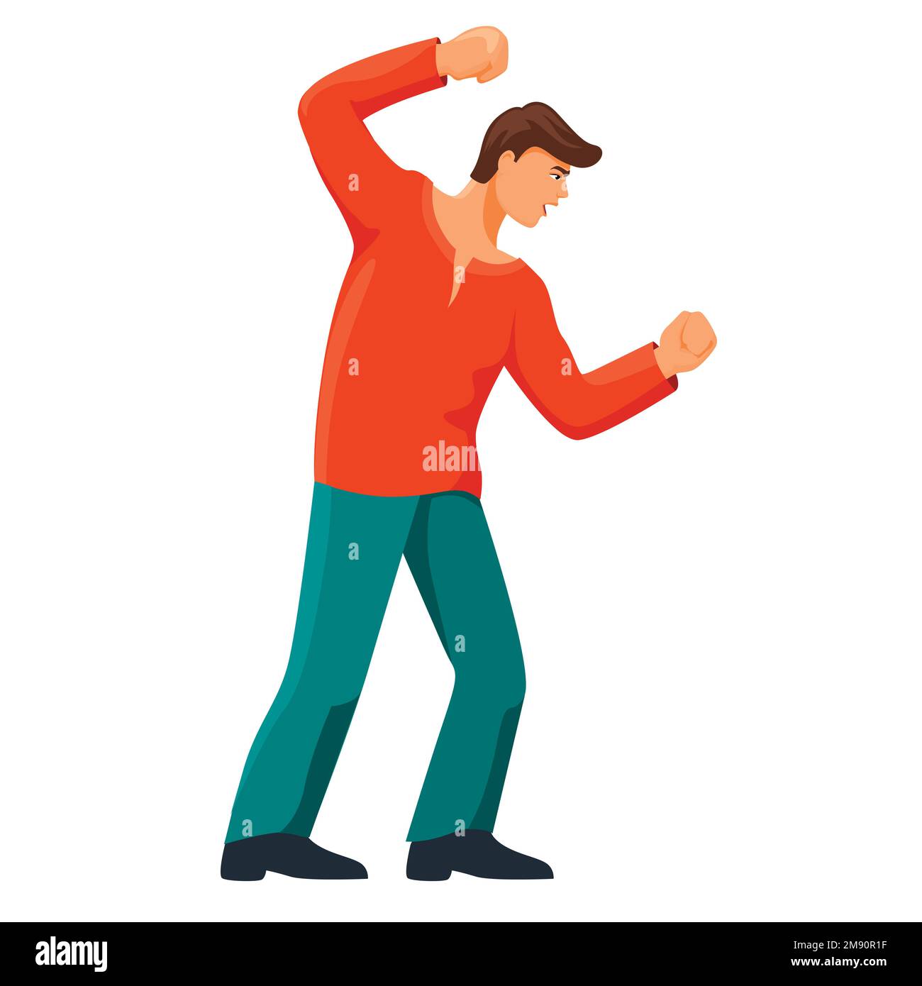 Angry man attacks. Guy with raised fist is going to attack enemy Stock