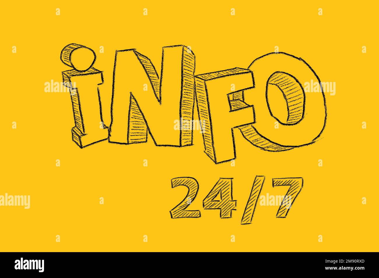 Lettering INFO 247 drawn on a yellow background. Info center