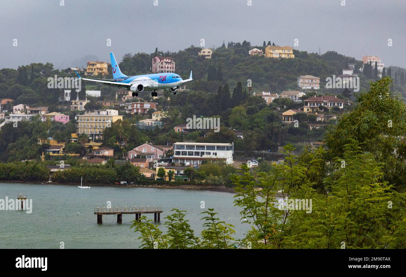 TUI Fly Boeing 737 MAX 8 DAMAB landing at Corfu Airport, Greece Stock