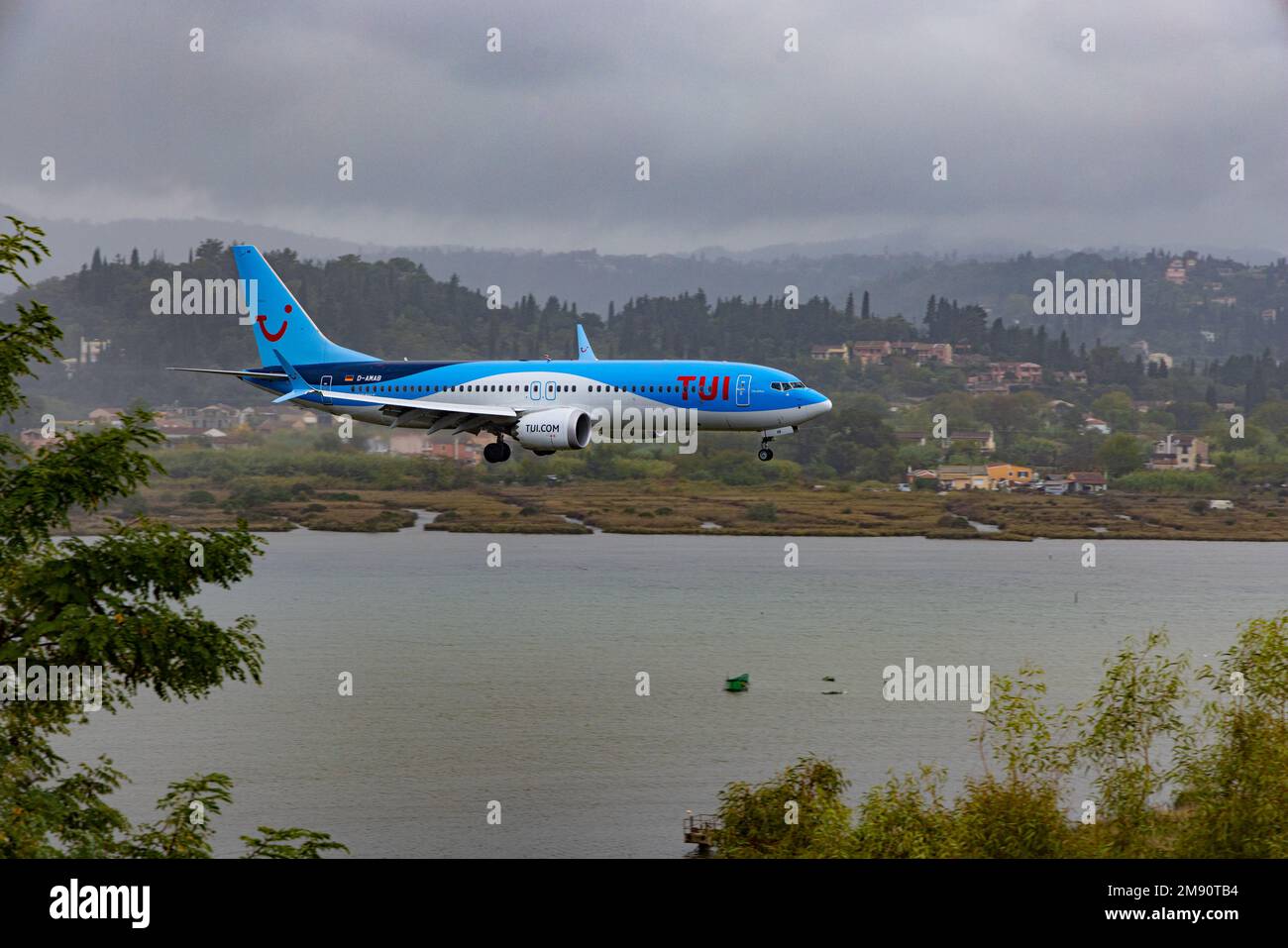 TUI Fly Boeing 737 MAX 8 DAMAB landing at Corfu Airport, Greece Stock