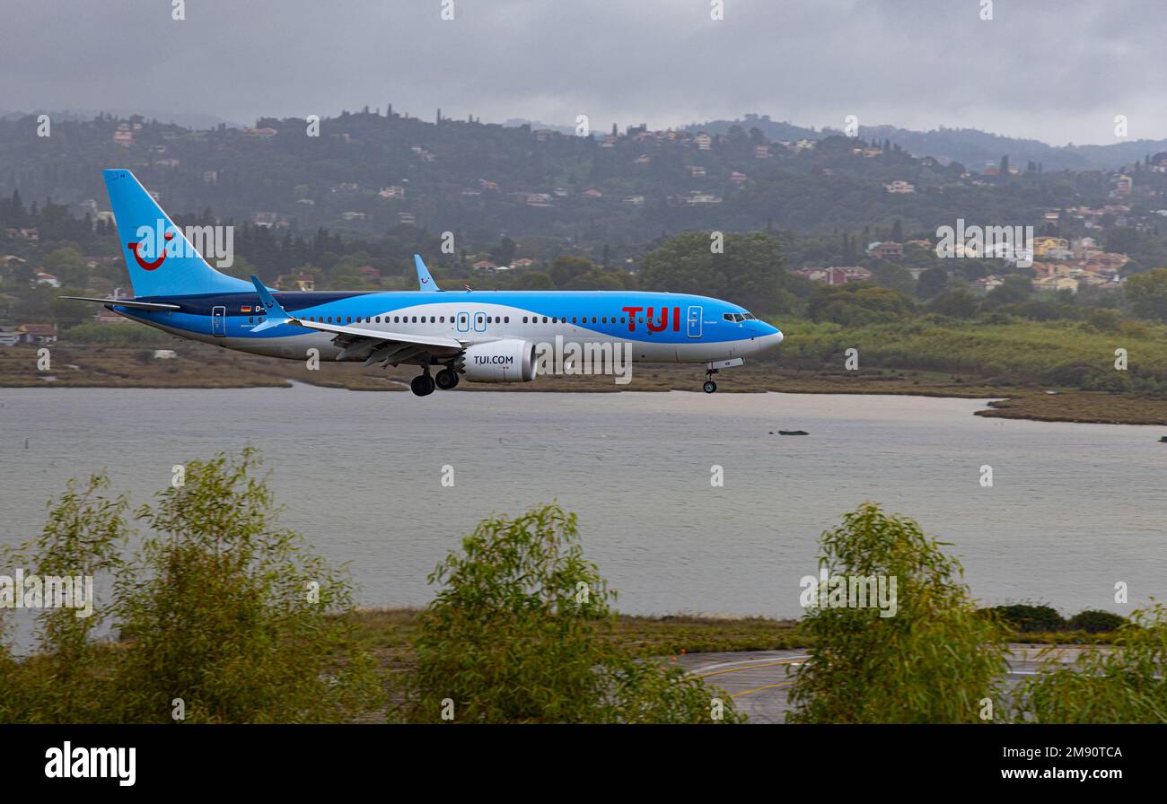TUI Fly Boeing 737 MAX 8 DAMAB landing at Corfu Airport, Greece Stock