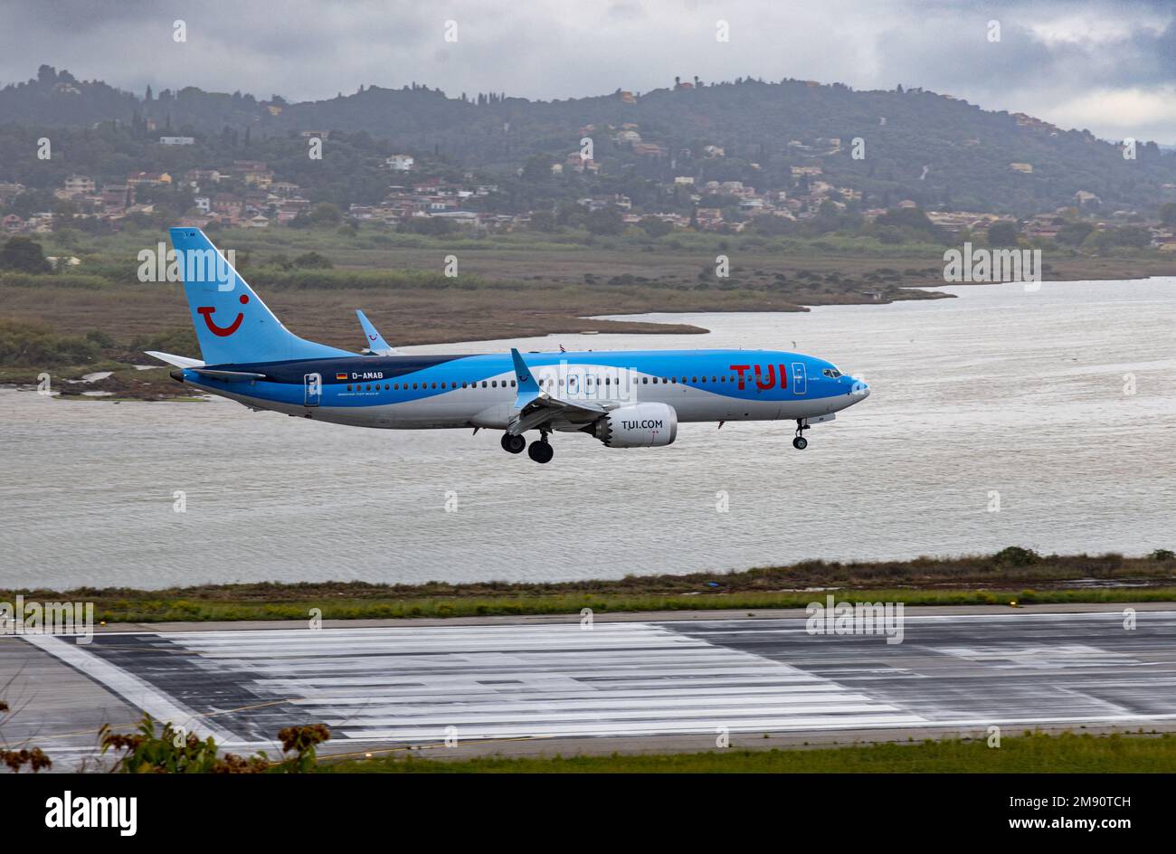 TUI Fly Boeing 737 MAX 8 DAMAB landing at Corfu Airport, Greece Stock