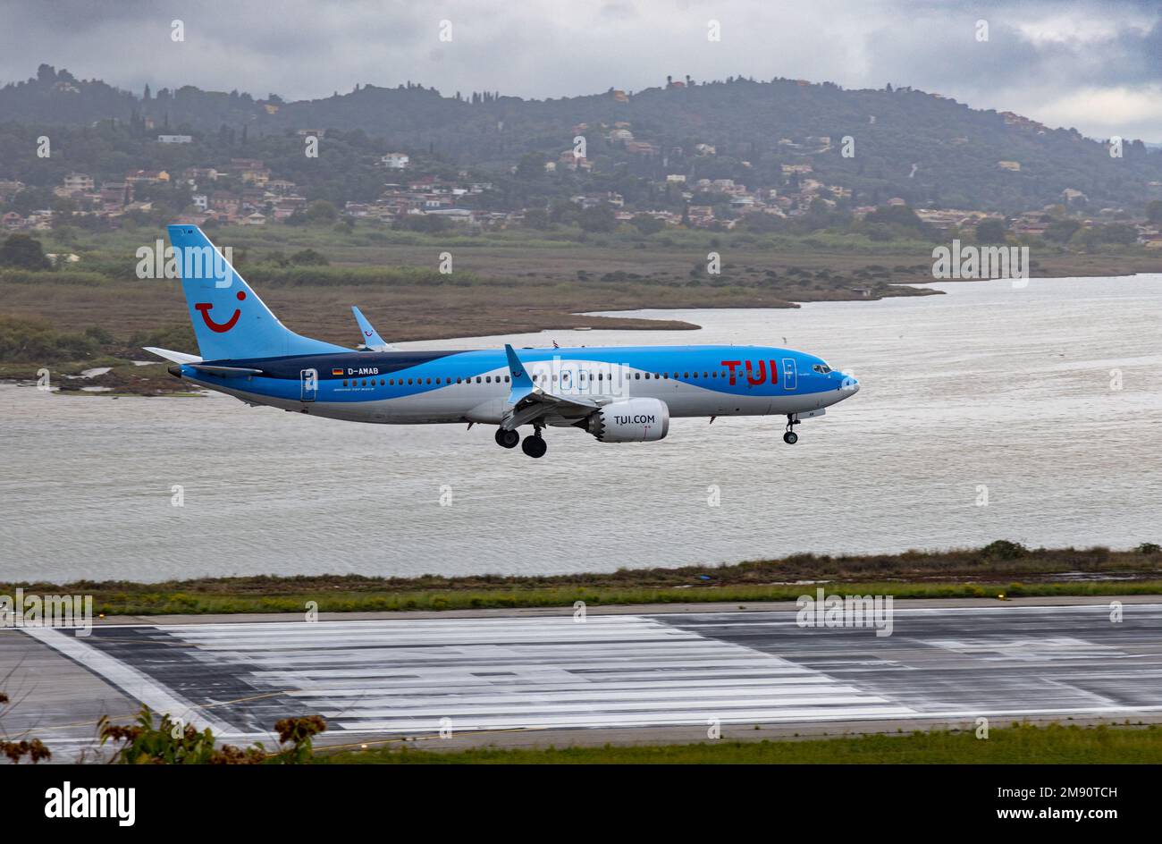 TUI Fly Boeing 737 MAX 8  D-AMAB landing at Corfu Airport, Greece Stock Photo